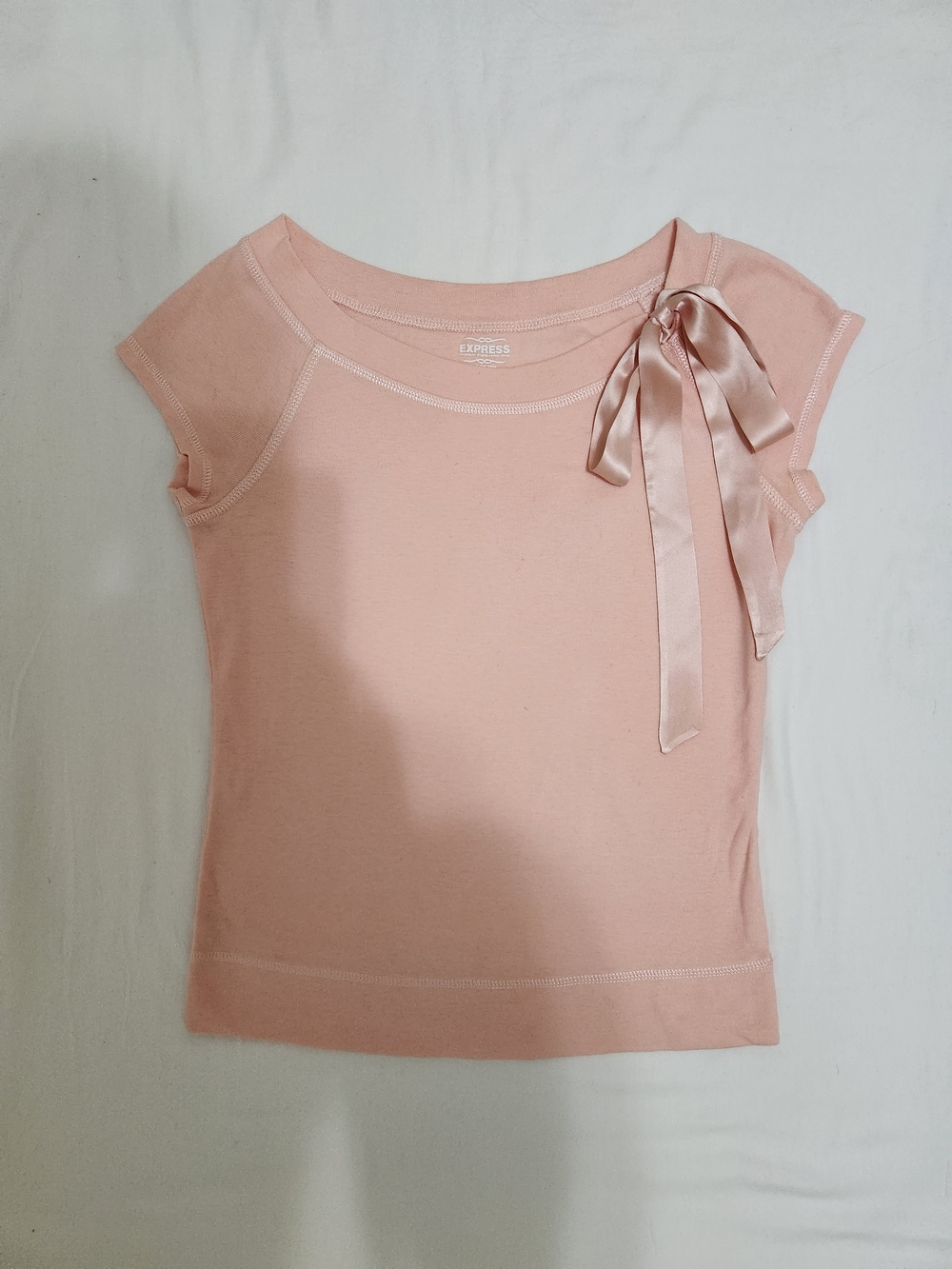Express  Vintage Blush Pink Cap-Sleeve Tee with Satin Shoulder Bow